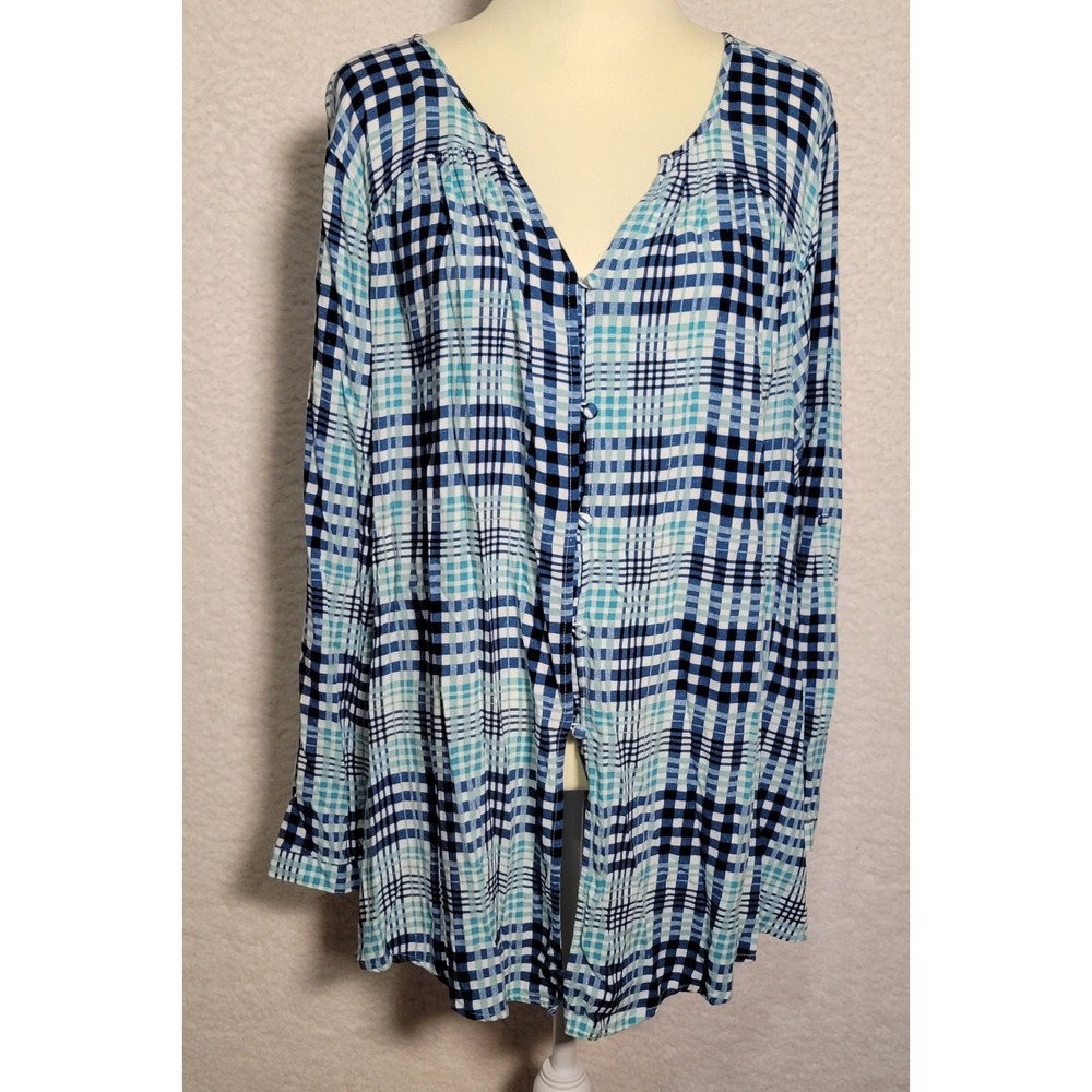 Lane Bryant Women's‎ Plaid Blouse Top 100% Rayon Size 22/24 Blue V-Neck 0479